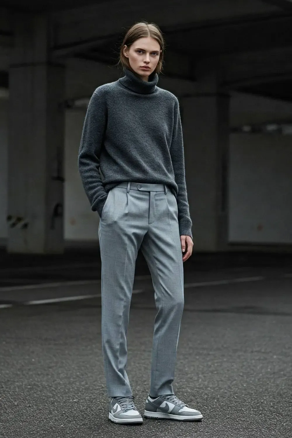 Person in a monochromatic grey outfit: charcoal turtleneck, light grey trousers, and grey Nike Dunk Lows, looking sophisticated.