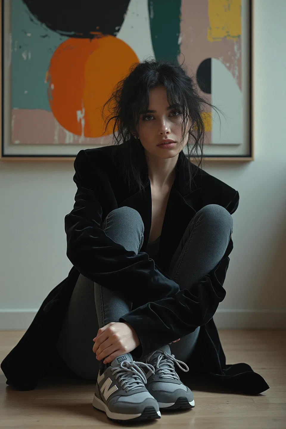 Woman wearing a black velvet blazer with gray skinny jeans and gray New Balance sneakers, sitting casually against a wall with modern abstract art featuring orange and teal shapes in the background. Indoor studio setting with minimalist aesthetic.