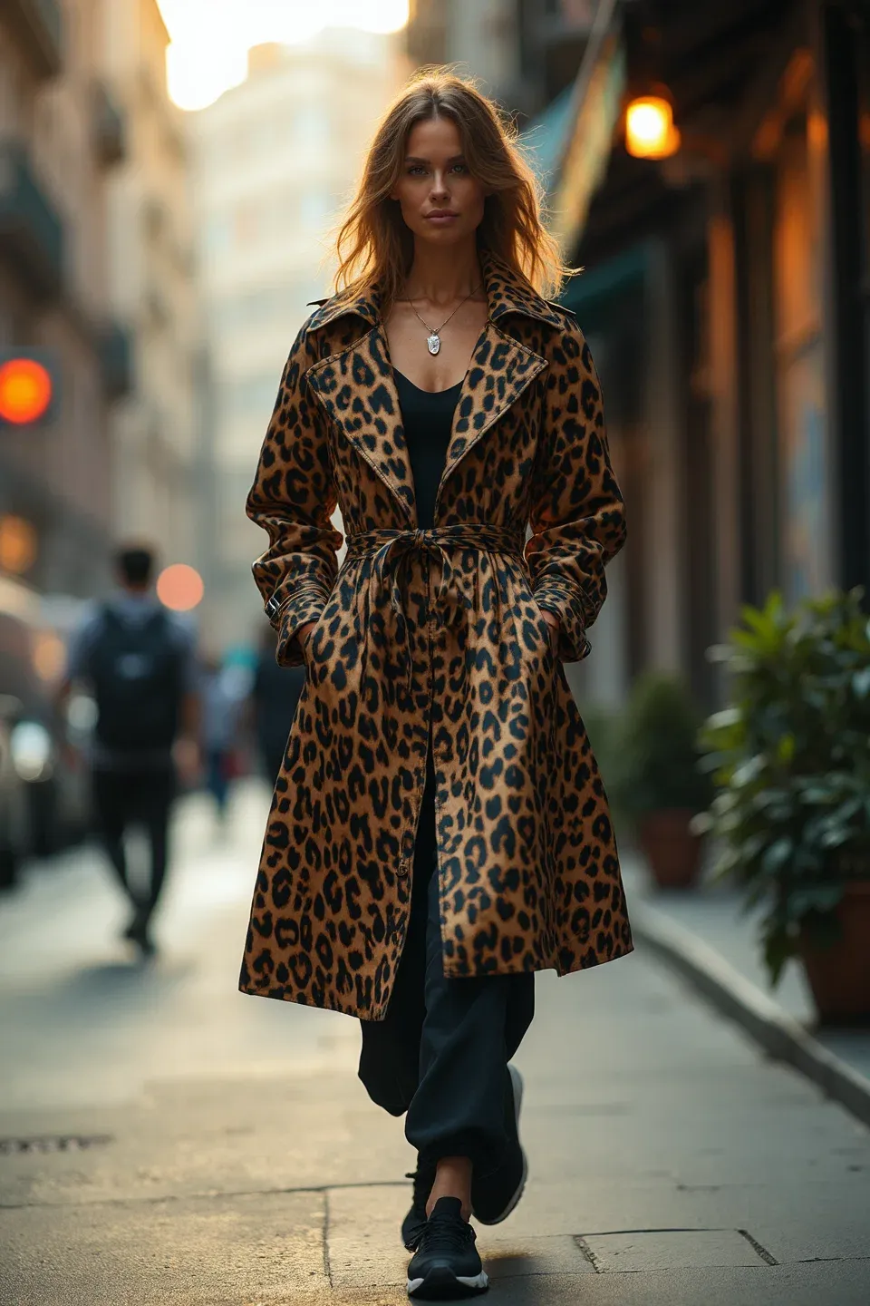Street style outfit featuring a belted leopard print trench coat paired with black pants and black athletic sneakers, photographed in an urban setting with warm evening lighting