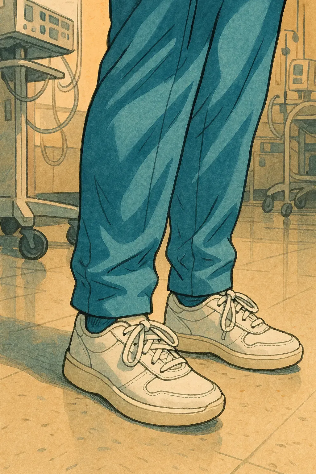 Close-up of a nurse wearing white supportive sneakers with teal scrubs in a hospital setting, with medical equipment visible in the background.