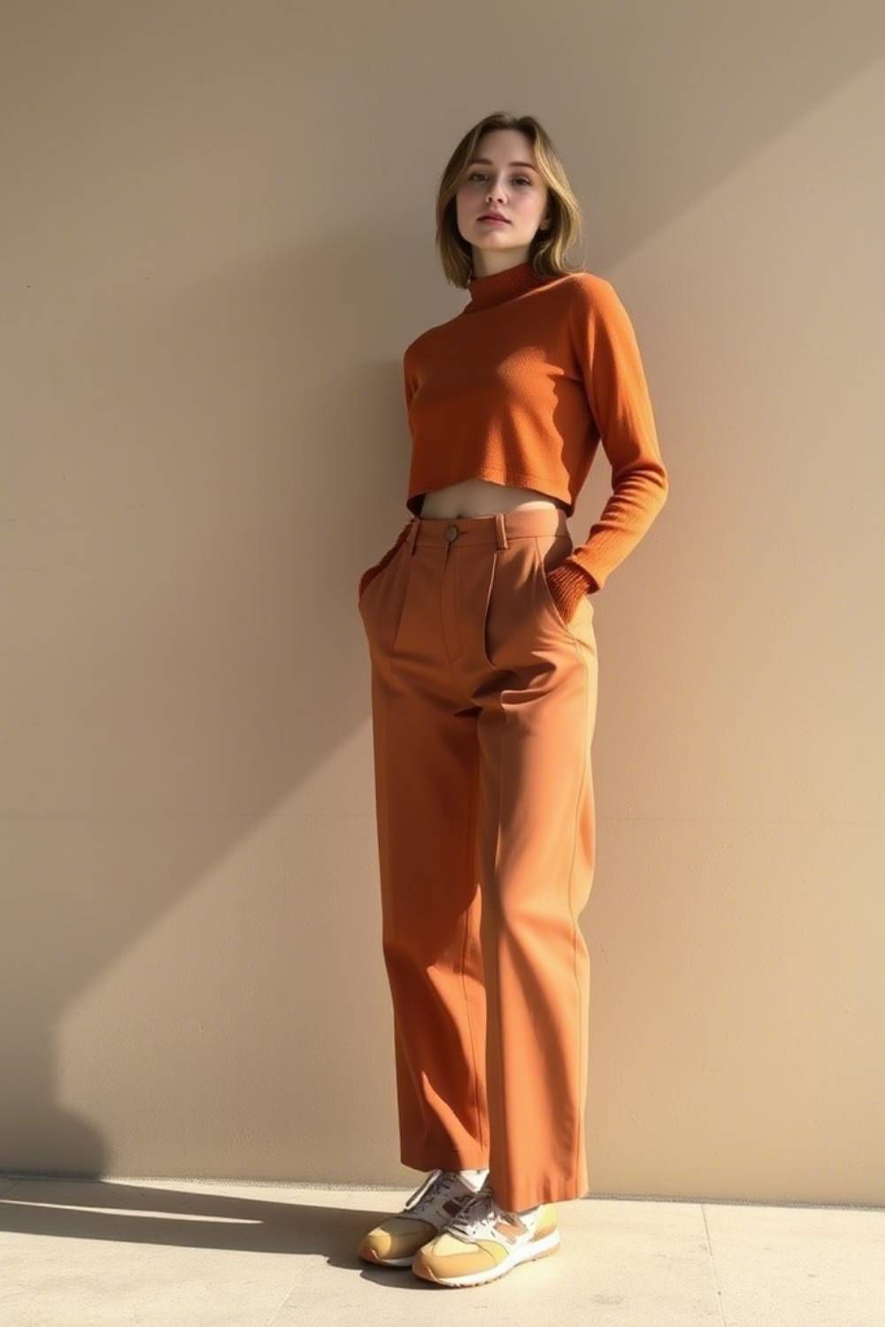 Woman in bright orange mock-neck cropped sweater with matching high-waisted wide-leg pants paired with coordinating New Balance sneakers, standing against white wall with dramatic shadow play.