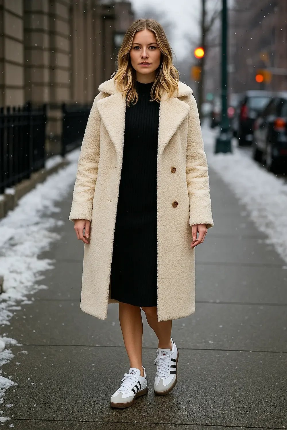 Woman wearing a cream teddy coat with black turtleneck dress and white Adidas Samba OG sneakers on a snowy urban street, showcasing elegant winter styling.