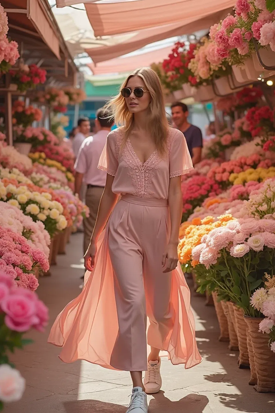 Woman in blush pink lace-trimmed blouse and wide-leg pants, paired with white sneakers, walking through a vibrant flower market with pink and yellow blooms overhead