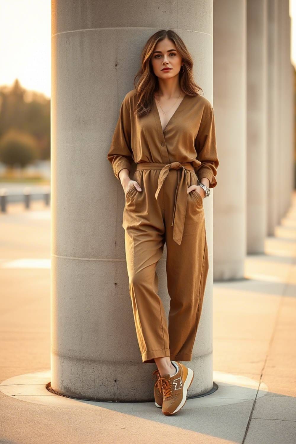 Woman wearing camel wrap-style jumpsuit with belted waist and coordinating tan New Balance sneakers, posed against concrete column in warm evening light.