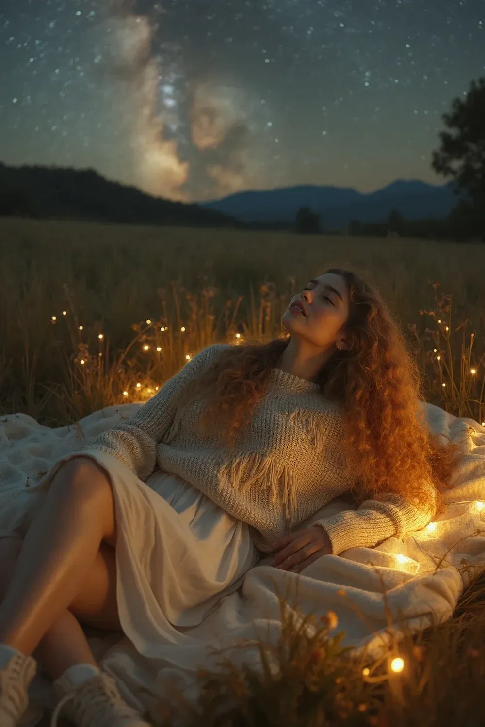 Woman in cream distressed sweater lying on white blanket in field at dusk, starry sky background with fairy lights creating magical atmosphere