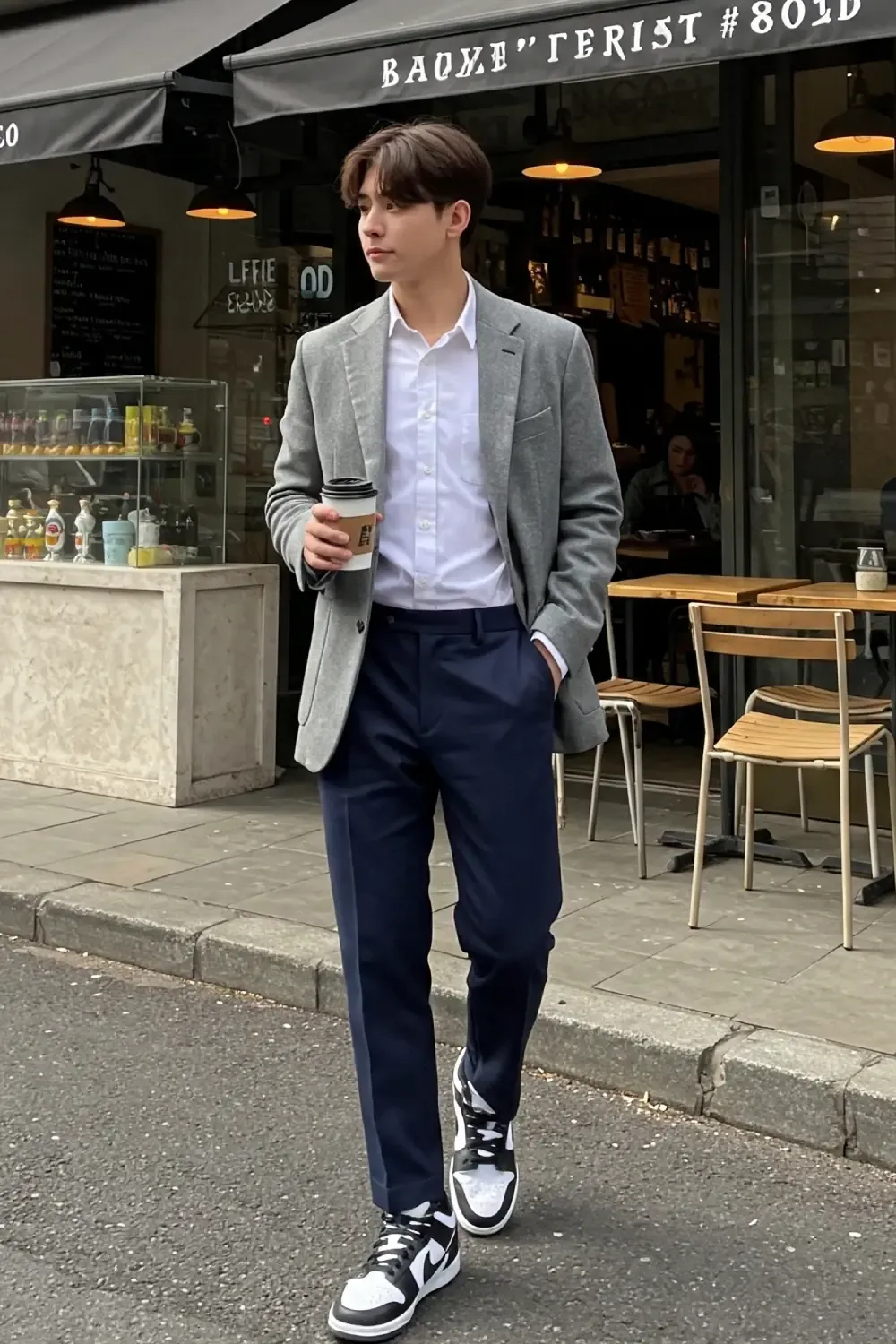 Man in tailored navy trousers, white shirt, grey blazer, and Panda Nike Dunk Lows, achieving an elevated streetwear look.