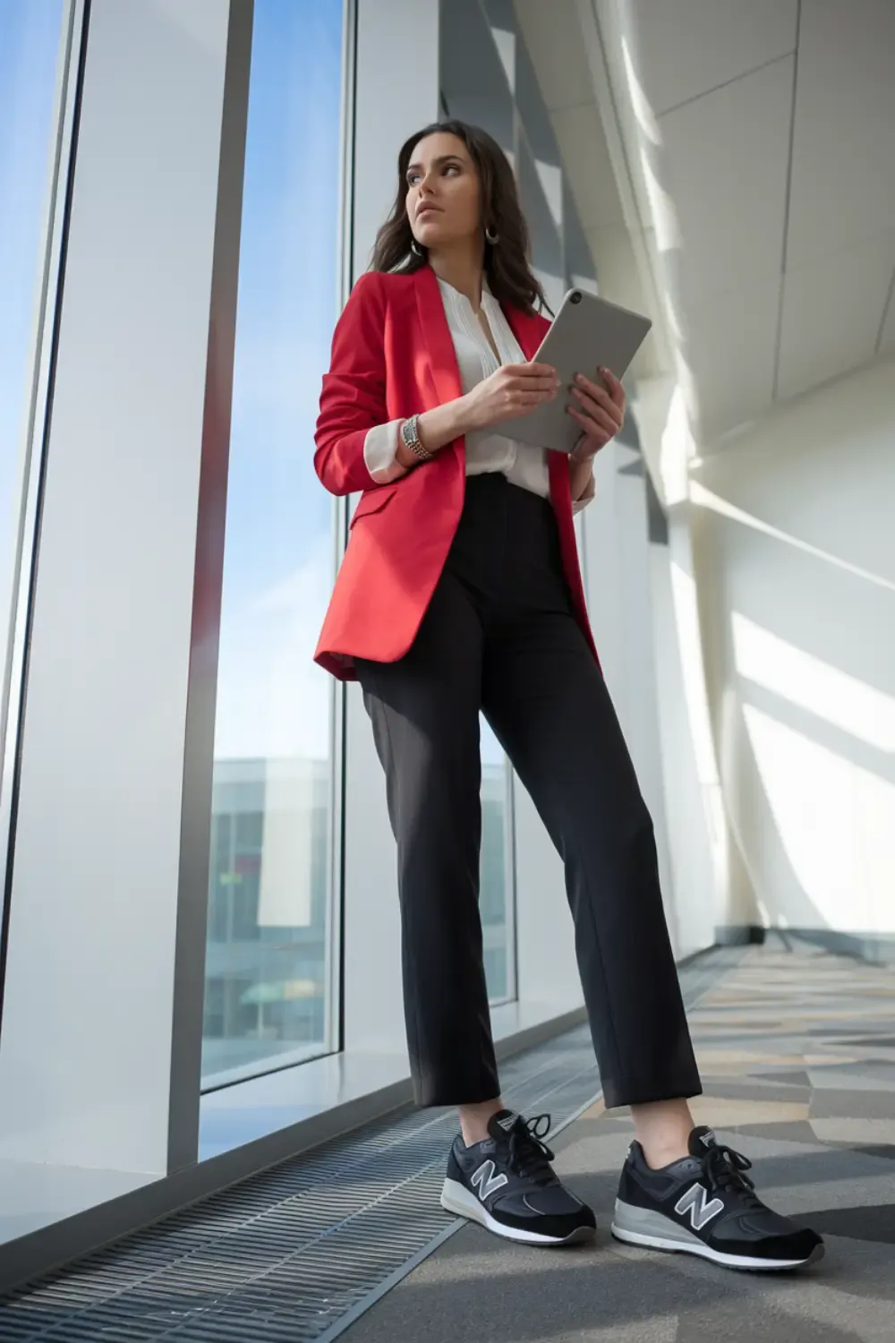 Professional woman in red blazer, white blouse and black trousers standing confidently by office windows wearing dark New Balance sneakers, demonstrating modern executive style.