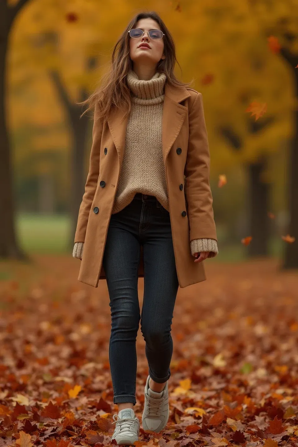 Woman in a camel coat layered over a cream turtleneck sweater with dark skinny jeans and light gray New Balance sneakers, standing among fallen autumn leaves. Golden fall foliage creates a warm seasonal backdrop.