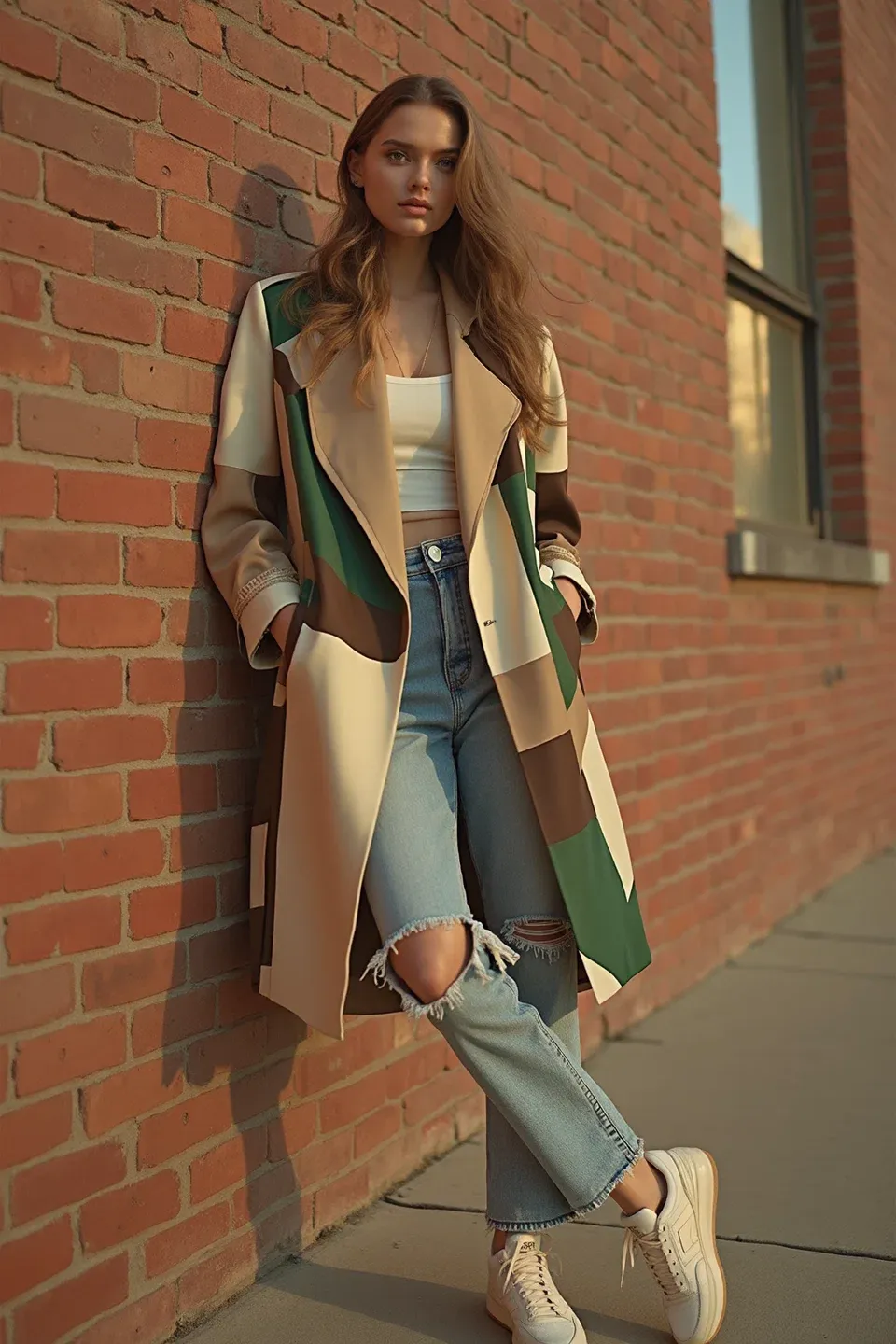 Modern color block trench coat in beige, green, and brown tones styled with a white crop top, distressed jeans, and cream New Balance sneakers against a brick wall