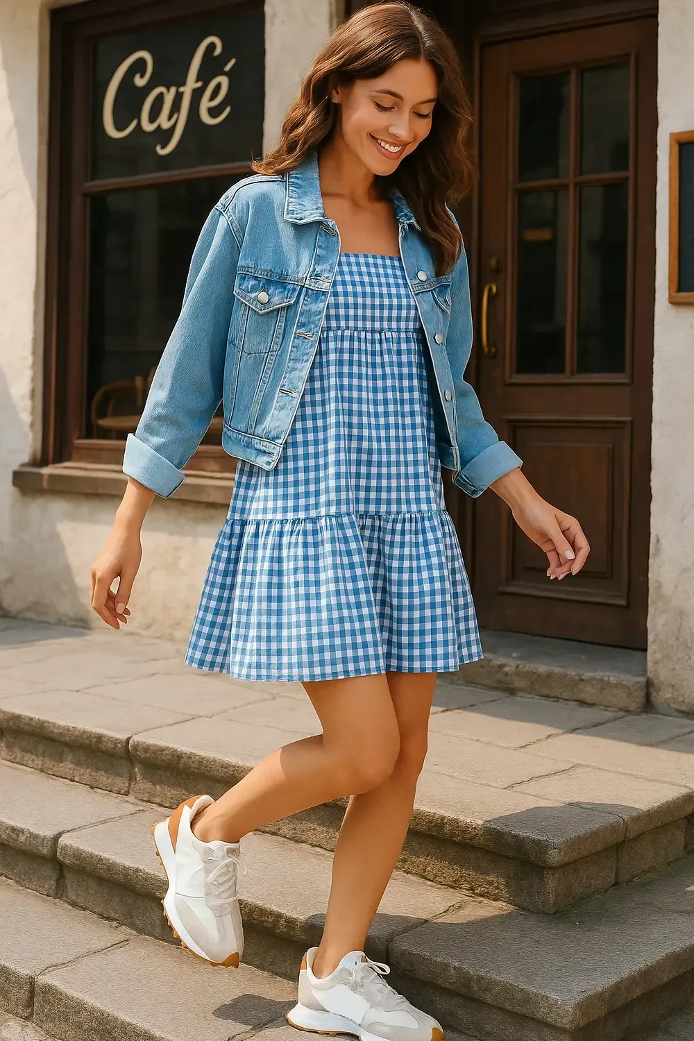 Woman wearing blue gingham cotton sundress with denim jacket and New Balance 327 sneakers walking down steps outside cafe