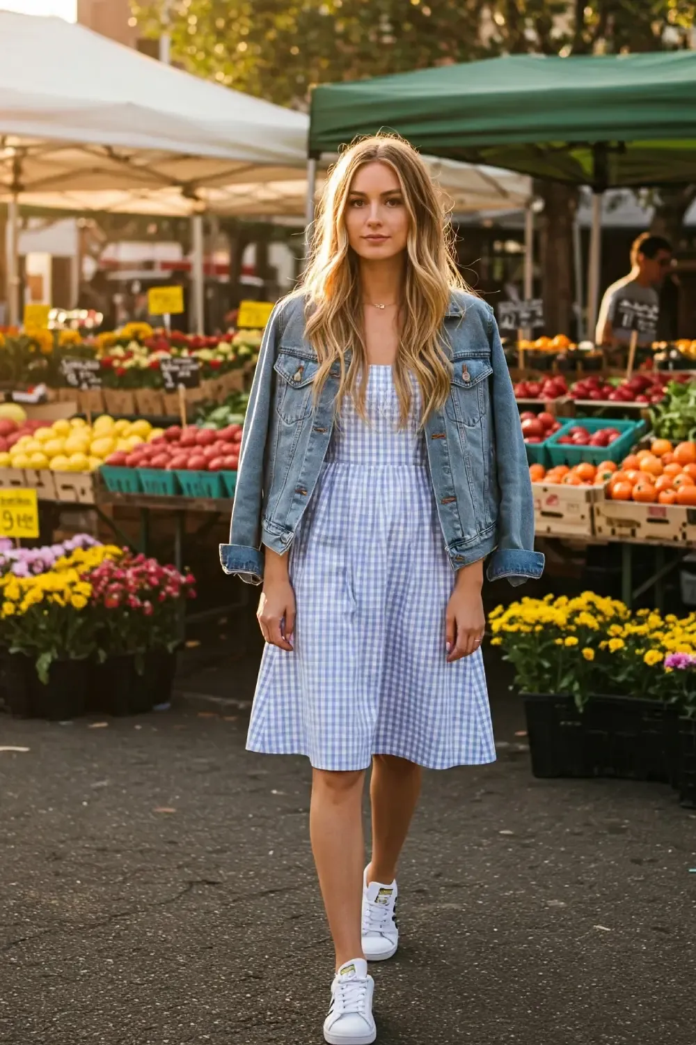 Woman at farmers market wearing blue gingham cotton sundress with denim jacket and white Adidas Stan Smith sneakers, combining casual and feminine style elements