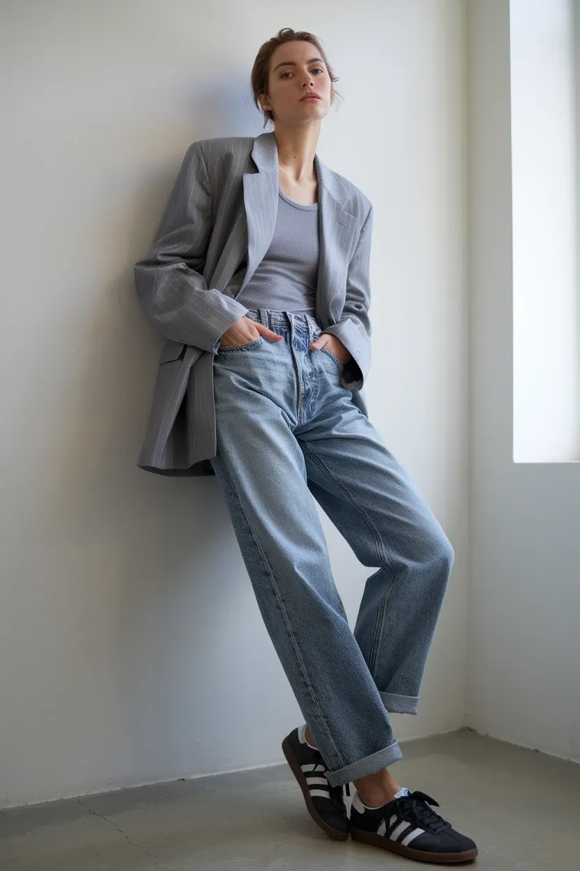 Woman leaning against white wall wearing oversized gray pinstriped blazer, light blue wide-leg jeans, gray fitted top, and black Adidas Gazelle sneakers, demonstrating smart-casual style fusion