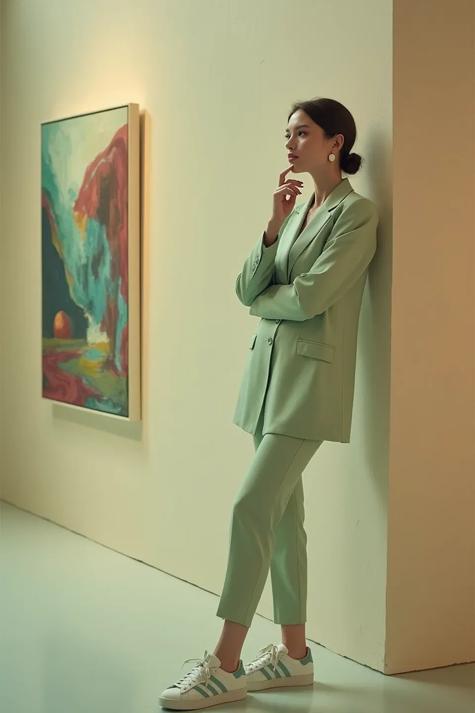 Woman in mint green oversized blazer and matching trousers styled with white Adidas sneakers, posing thoughtfully against a gallery wall with colorful abstract artwork