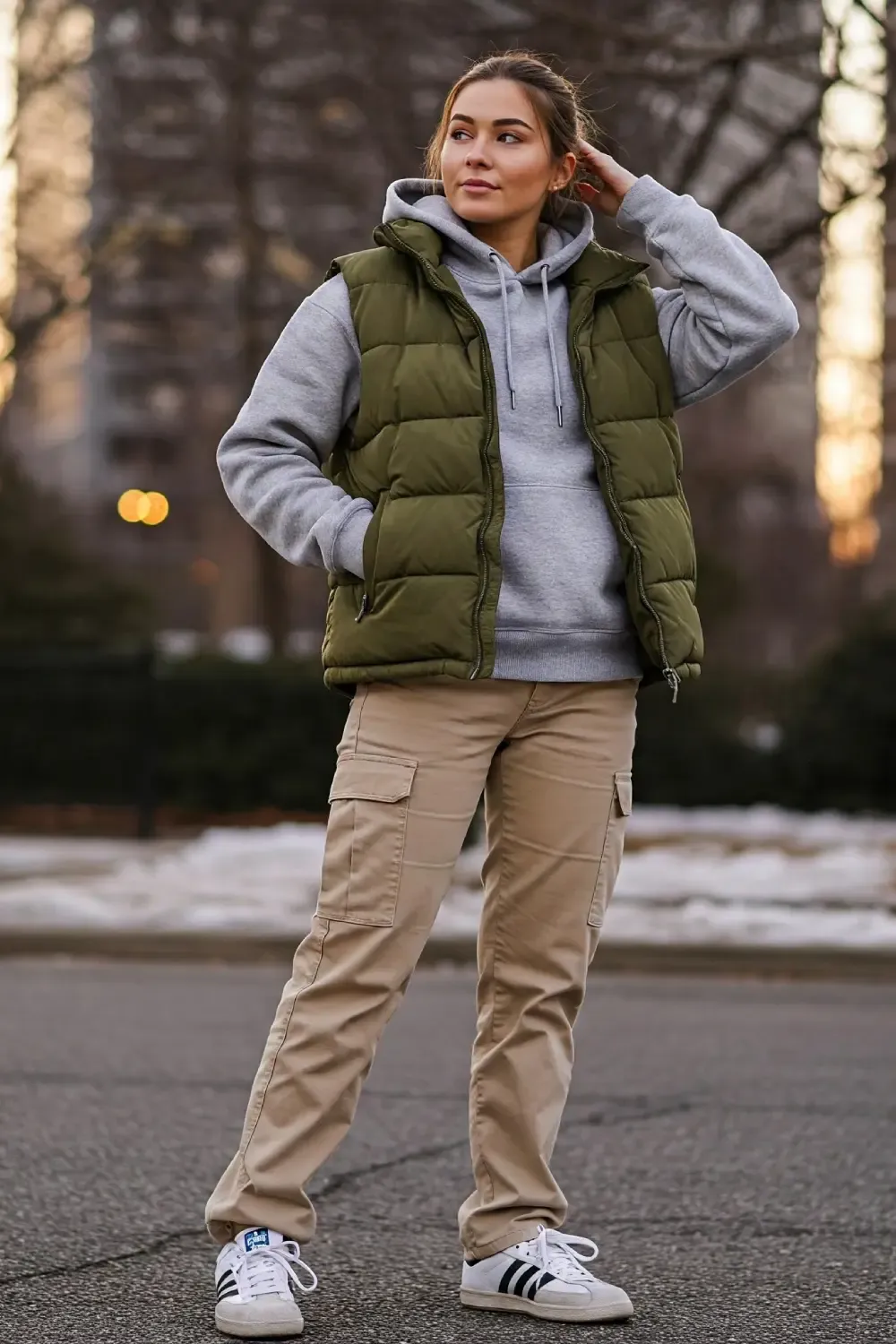 Woman in olive green puffer vest layered over gray hoodie with beige cargo pants and white Adidas Samba OG sneakers, demonstrating casual winter layering.