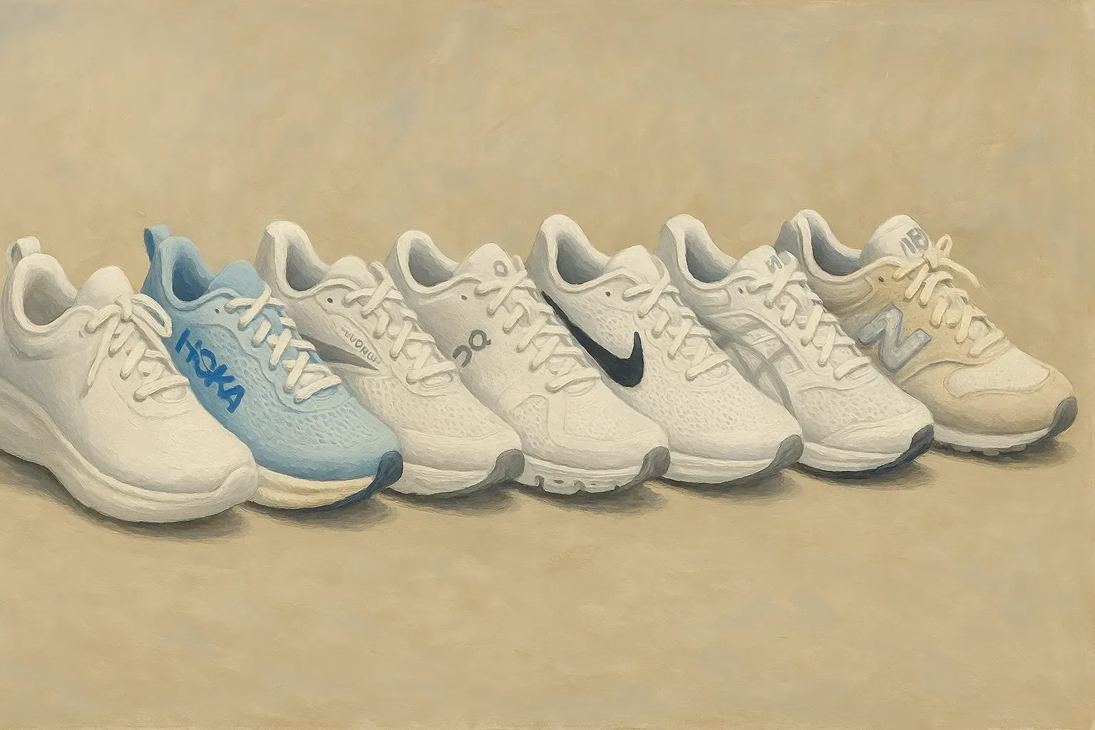 Complete lineup of all seven recommended nursing sneakers in predominantly white colorways with one blue Hoka model, showing various brands including Nike, Hoka, Brooks, On, ASICS, Clove, and New Balance.