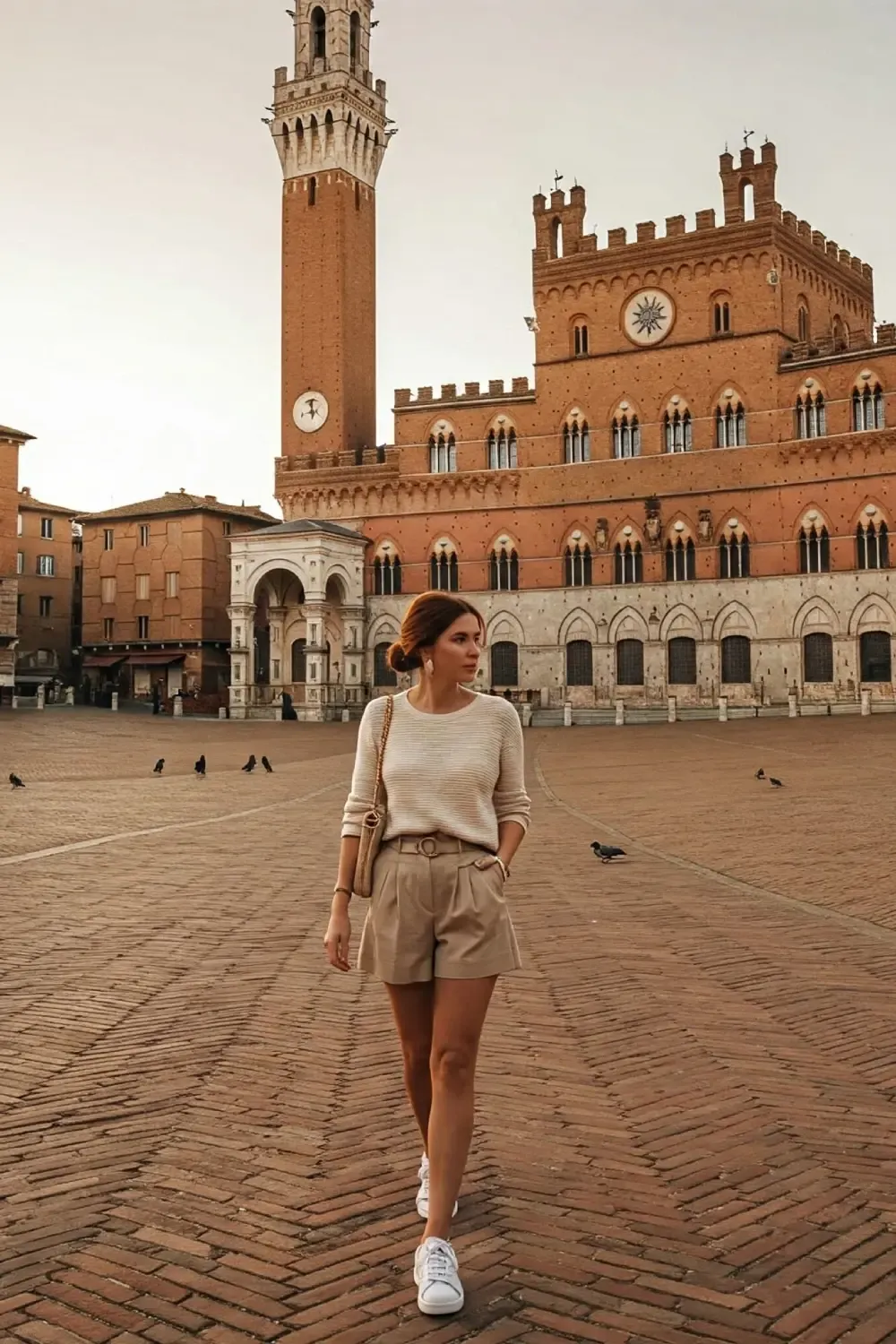 Woman in cream sweater and beige shorts standing in Siena's Piazza del Campo with the historic Palazzo Pubblico in background, wearing white sneakers.