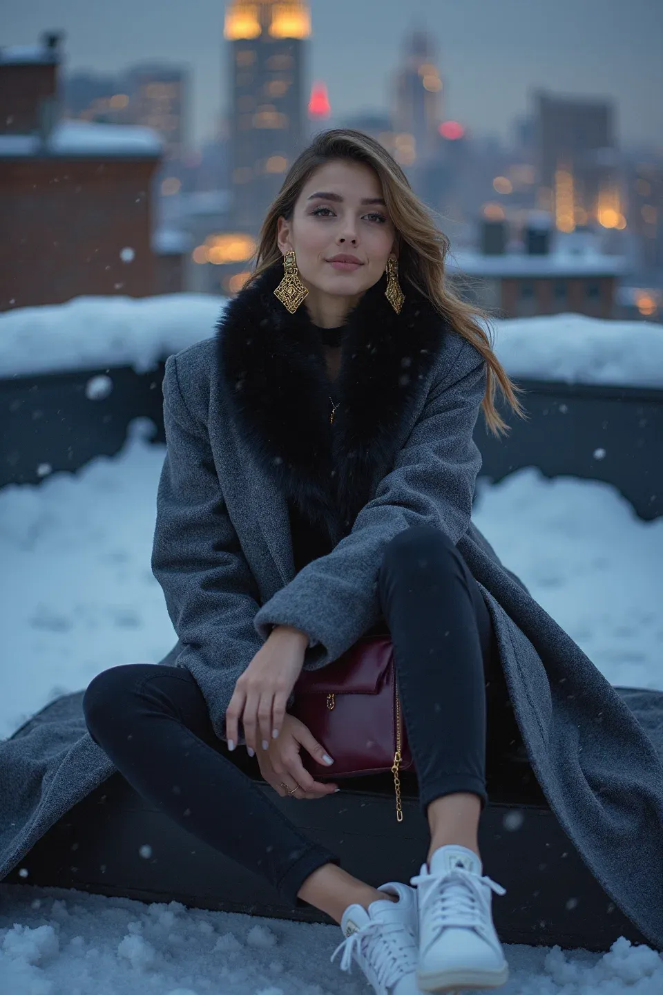 Woman in grey wool coat and black leggings styled with white sneakers, featuring statement gold earrings and burgundy handbag against urban skyline at dusk with snow falling
