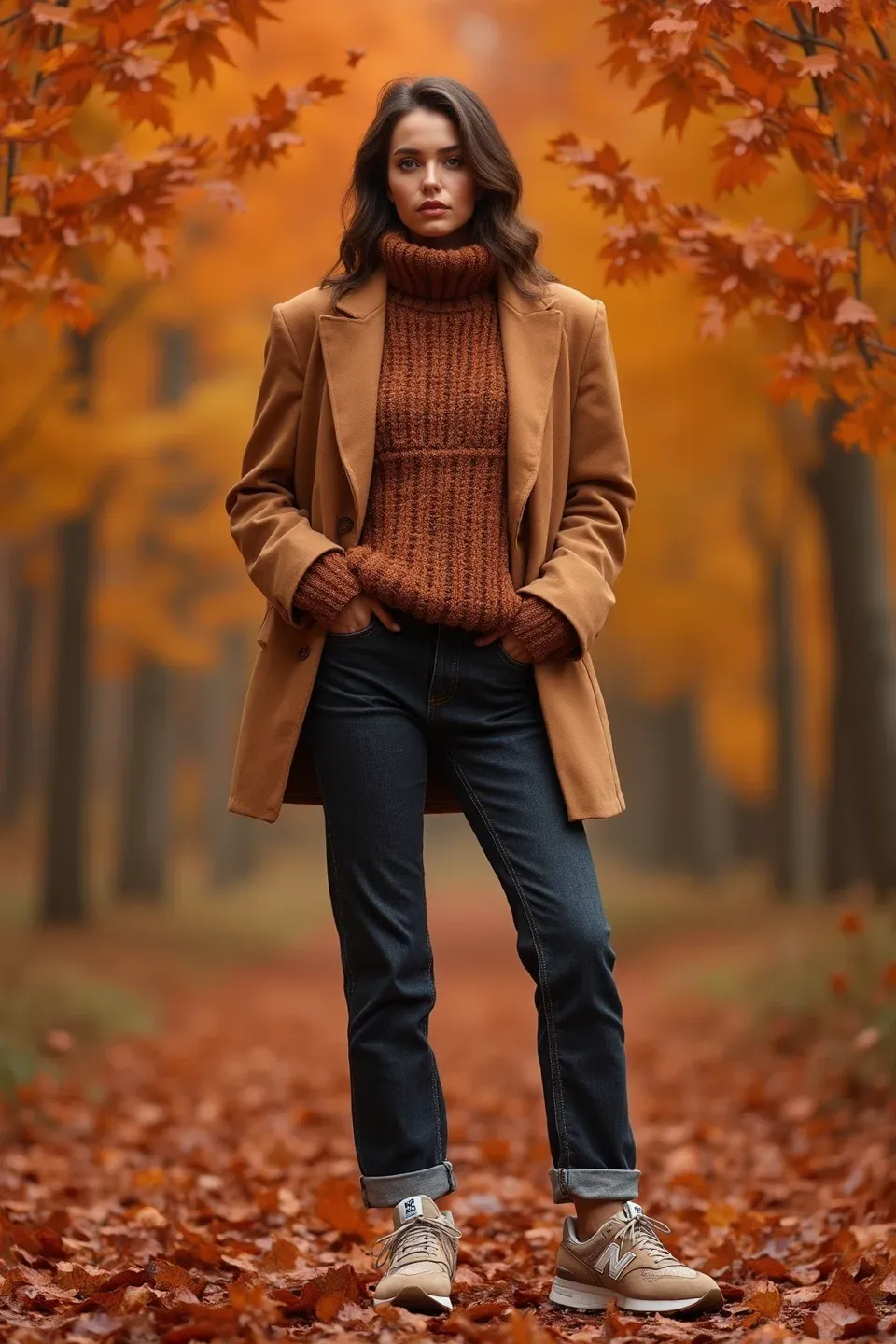 Woman wearing a camel coat with a rust-colored ribbed turtleneck sweater, dark straight-leg jeans, and beige New Balance sneakers. Standing against vibrant orange autumn foliage with maple leaves framing the scene.