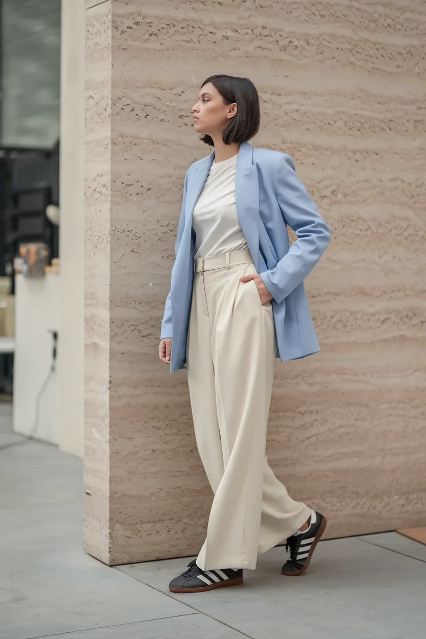 Woman standing against textured wall in powder blue blazer paired with cream wide-leg trousers, white t-shirt, and black Adidas Samba sneakers, showing elegant color coordination