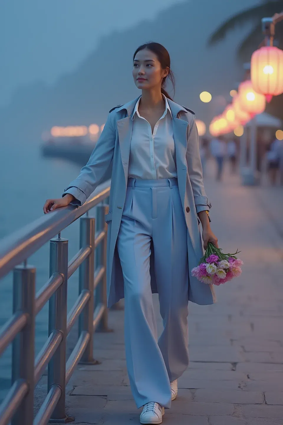 Woman in powder blue trench coat, matching wide-leg trousers and white button-down shirt, holding pink tulips while standing by waterfront railing at dusk with lanterns in background