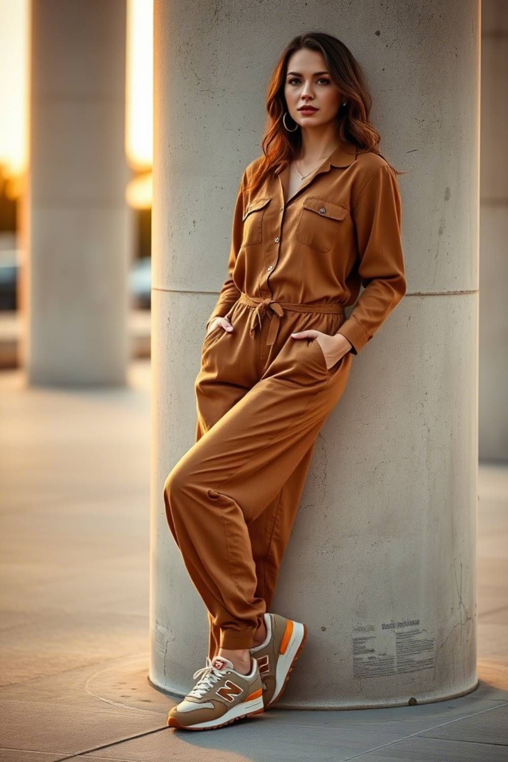 Woman in belted camel jumpsuit with v-neck styling paired with matching tan and orange New Balance sneakers, posed against concrete column with sunset lighting.