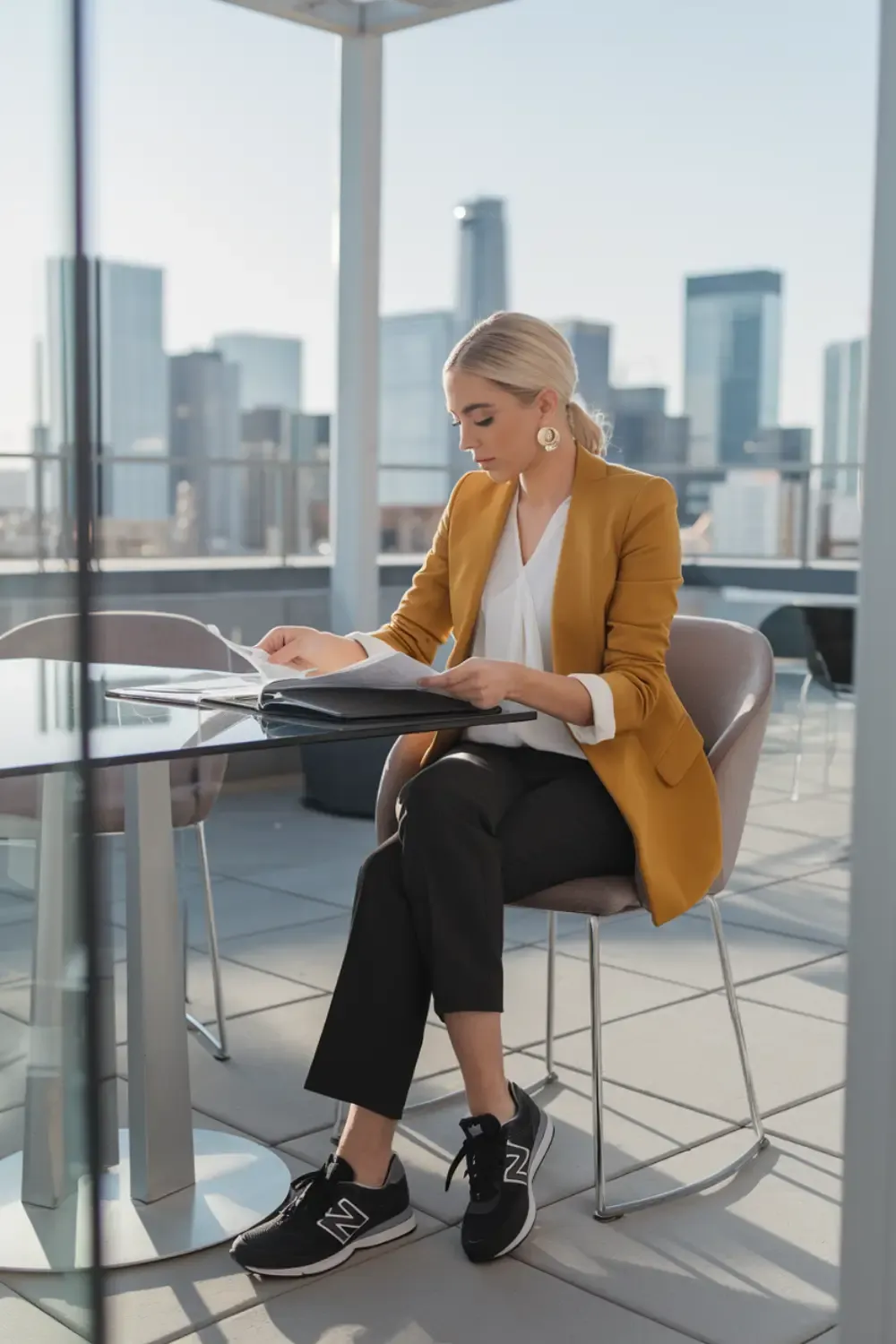 Woman in mustard blazer and black trousers reviewing documents in high-rise office setting wearing black New Balance sneakers, showcasing sophisticated workplace attire.
