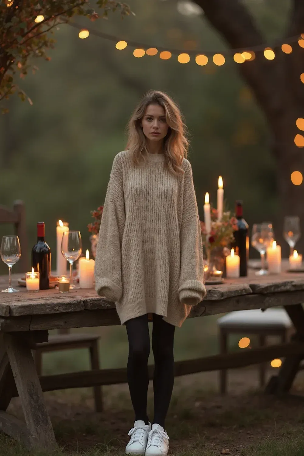 Woman in oversized beige sweater dress and white sneakers standing by rustic outdoor dinner setting, string lights and candles creating romantic ambiance