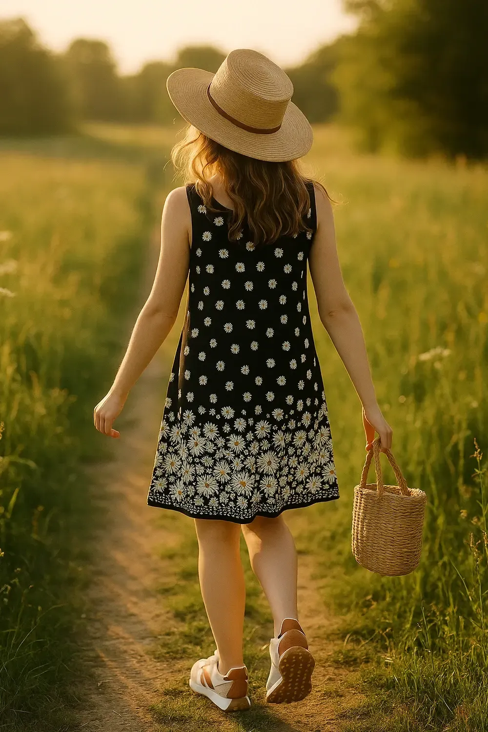 Back view of woman in black cotton sundress with daisy print, straw hat, and New Balance 327 sneakers walking through golden field at sunset