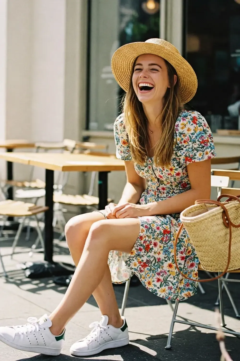 Woman laughing in a floral cotton sundress with straw hat and white Adidas Stan Smith sneakers at an outdoor café, embodying joyful summer style