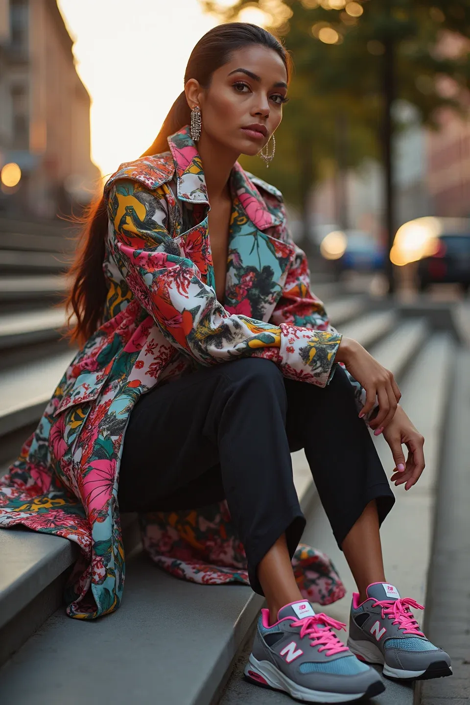 Vibrant floral print trench coat in pink, turquoise, and yellow styled with black wide-leg pants and pink-accented New Balance sneakers, photographed on urban steps at sunset