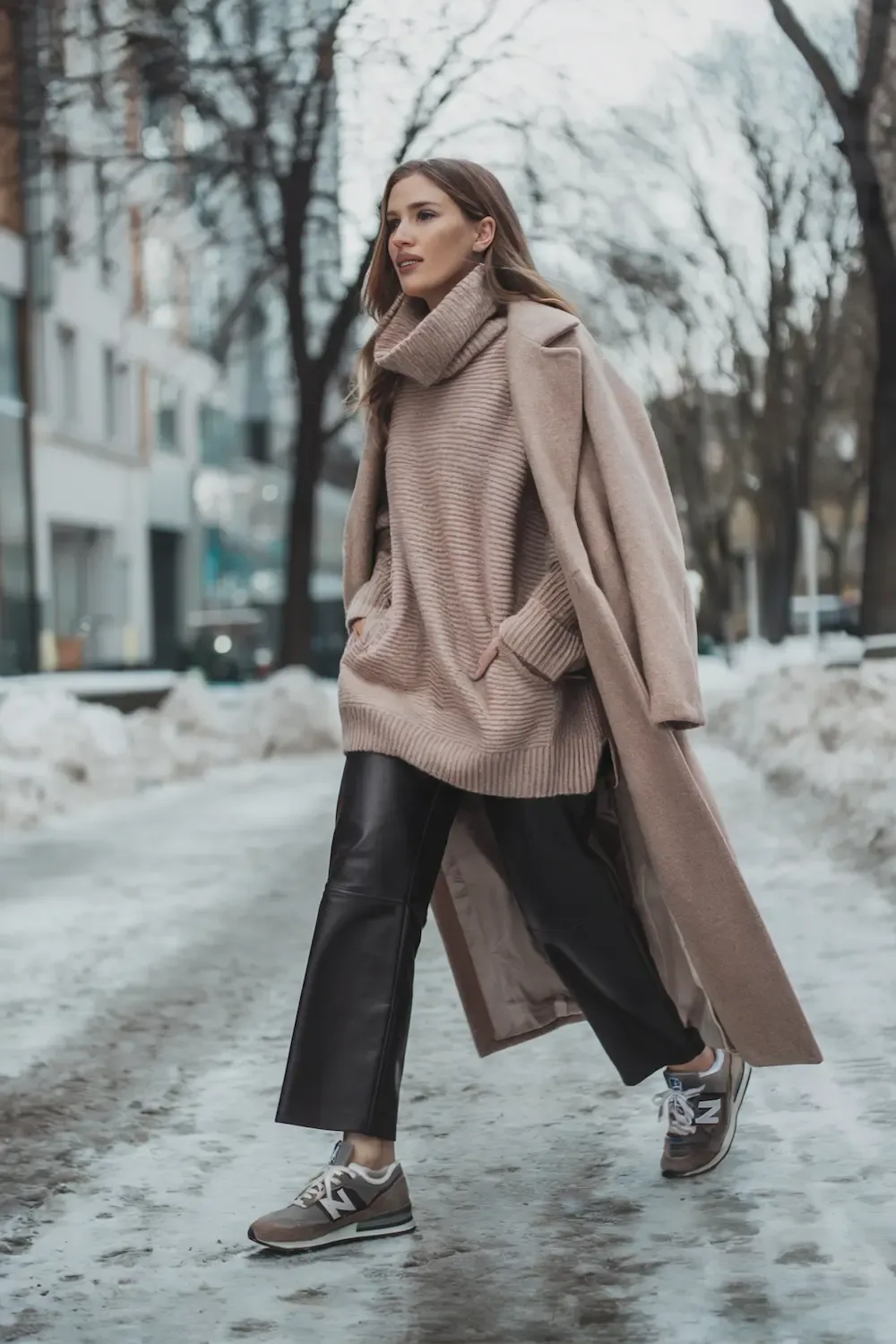 Woman styled in beige oversized turtleneck sweater, camel coat, black leather pants, and brown New Balance sneakers against snowy urban backdrop, illustrating contemporary winter fashion