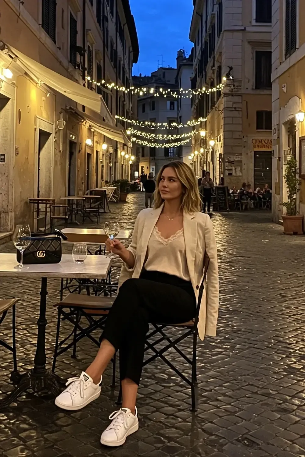 Woman in cream blazer over silk camisole with black pants at a Roman café after sunset, featuring white sneakers for nighttime strolls.
