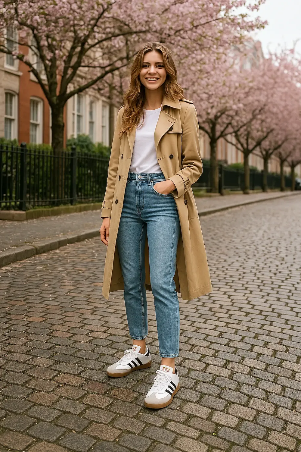 Woman in classic beige trench coat paired with blue straight-leg jeans and white Adidas Samba OG sneakers against a backdrop of cherry blossoms, perfect for spring transition.