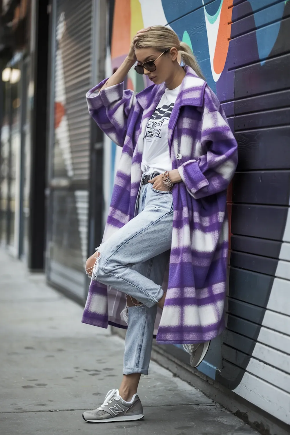 Model wearing oversized purple and white striped trench coat with graphic white t-shirt, distressed denim jeans and gray New Balance 574 sneakers against colorful urban graffiti wall, demonstrating casual weekend styling.