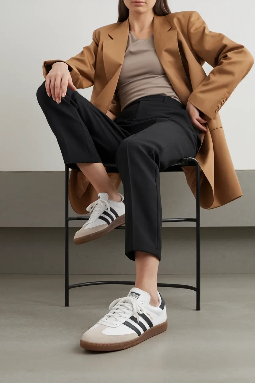 Woman sitting on black chair wearing camel brown blazer, taupe top, black tailored trousers, and white Adidas Samba sneakers with black stripes, portraying polished business-casual attire