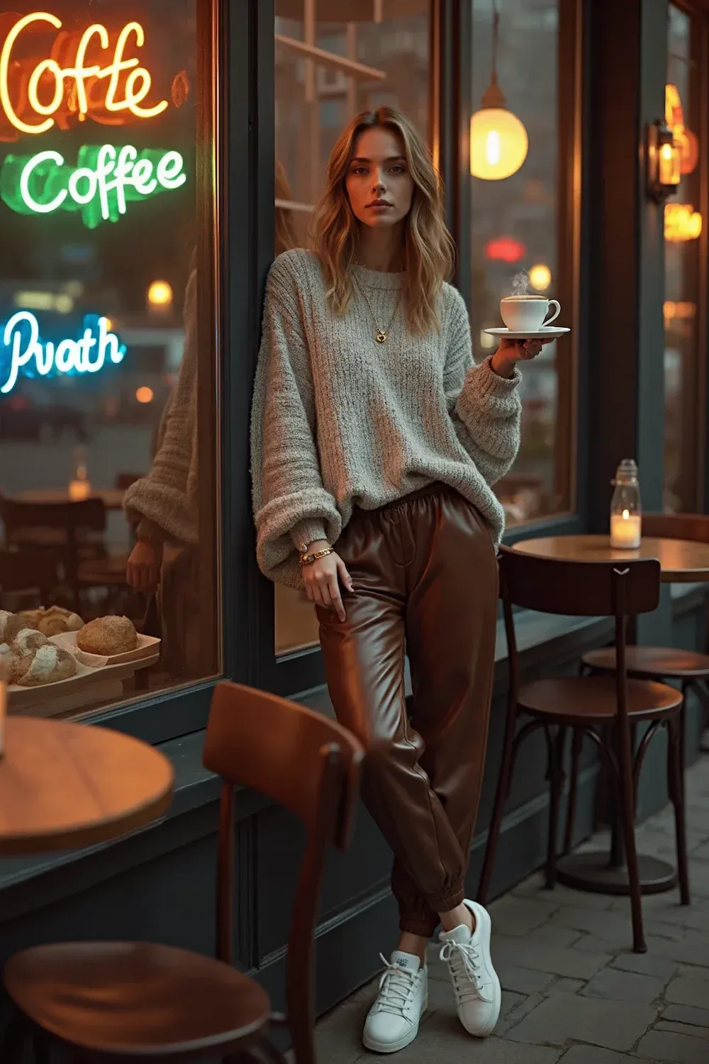 Woman in cream knit sweater and brown leather joggers holding coffee cup at cafe, neon coffee signs and warm lighting creating urban atmosphere