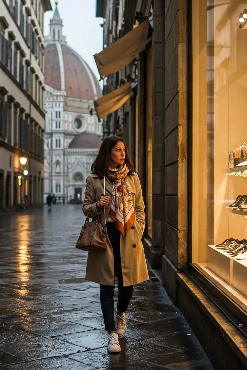 Woman in beige trench coat window shopping near Florence Cathedral on a rainy day, wearing comfortable white sneakers on wet cobblestones.