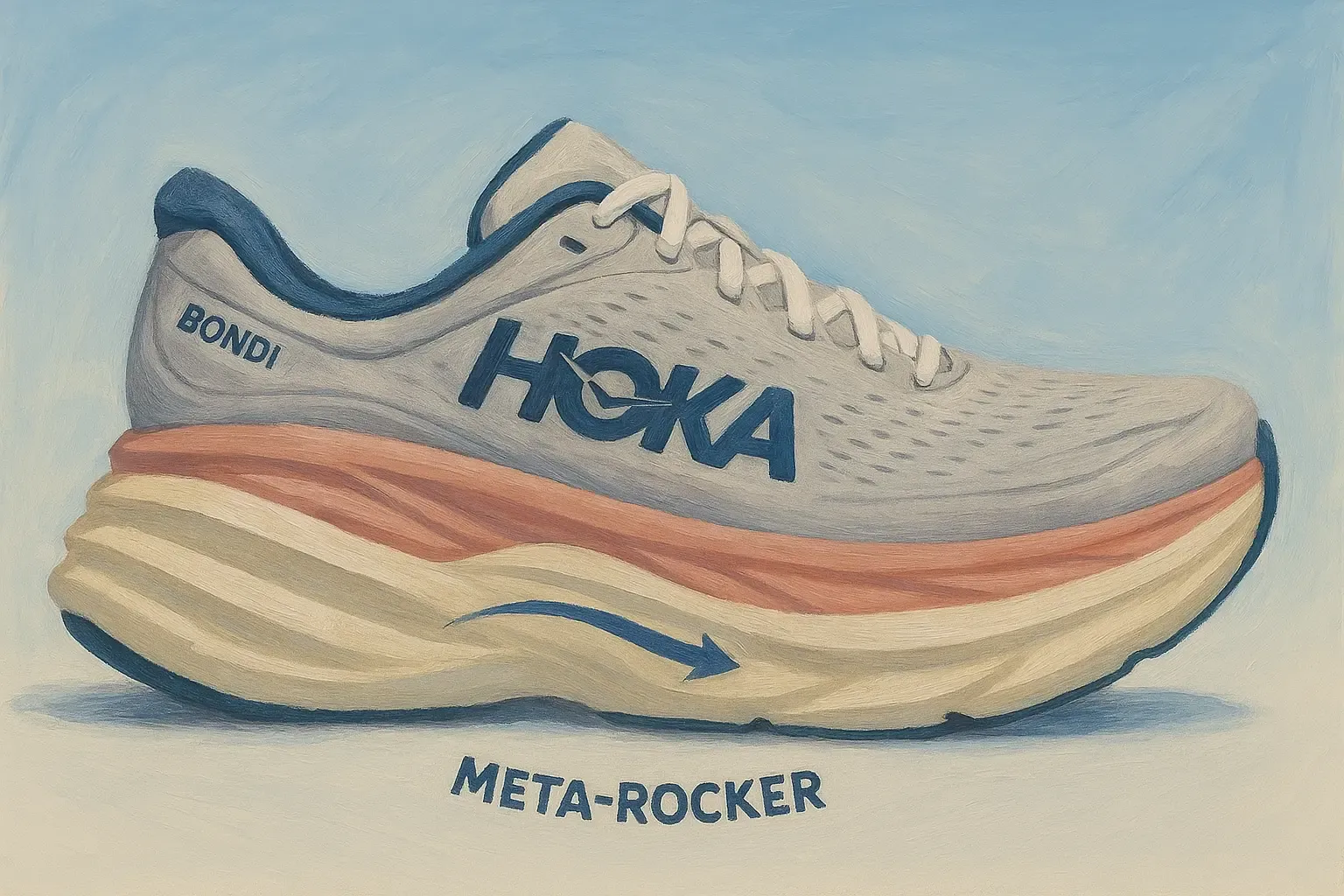 Hoka Bondi 8 sneaker with multi-layered cushioned sole highlighting the Meta-Rocker technology with an arrow indicating forward propulsion to reduce strain during long shifts