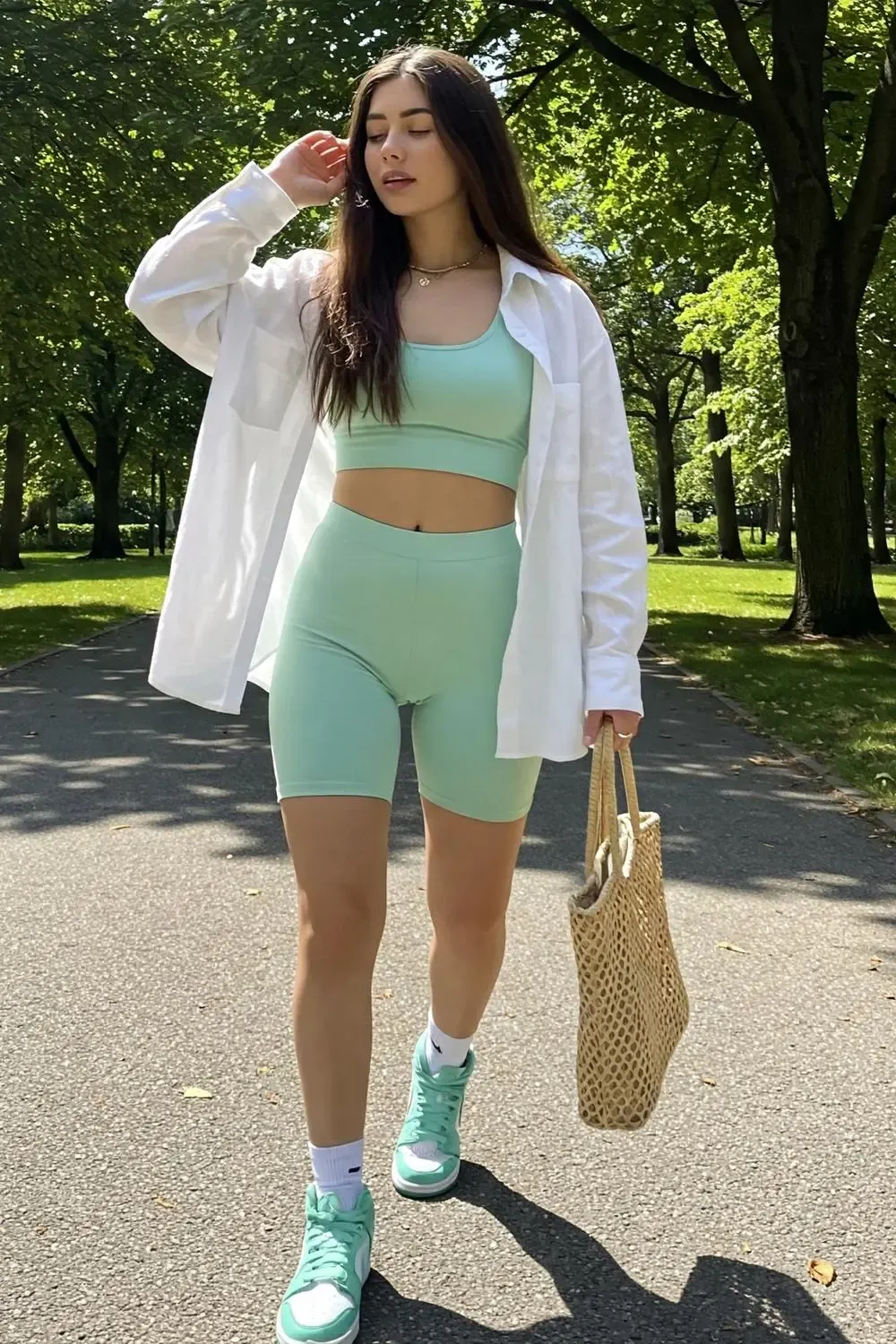 Woman in a mint-green athleisure set (biker shorts and sports bra) with an open white shirt and matching Nike Dunk Lows, ready for yoga or brunch.