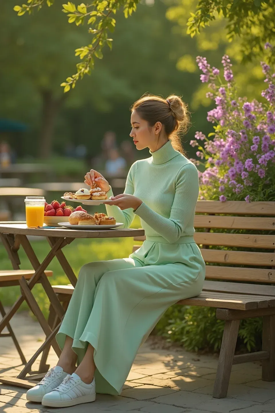 Woman in mint green turtleneck and matching pleated palazzo pants enjoying breakfast outdoors, seated at wooden picnic table with pastries and orange juice, wearing white sneakers