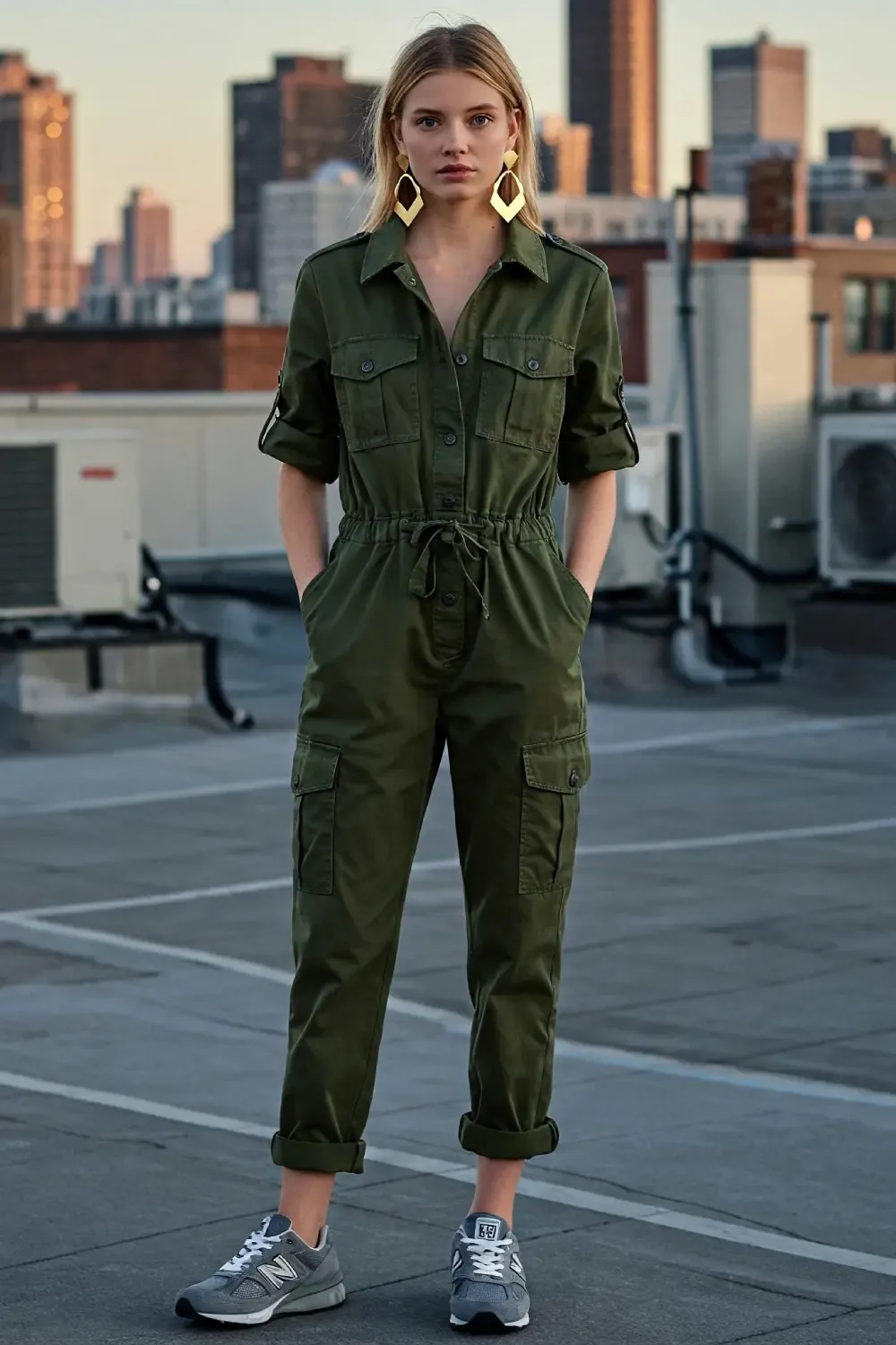 Woman wearing New Balance 990v6 grey sneakers with an olive green utility jumpsuit and statement gold earrings on a rooftop with urban skyline at sunset