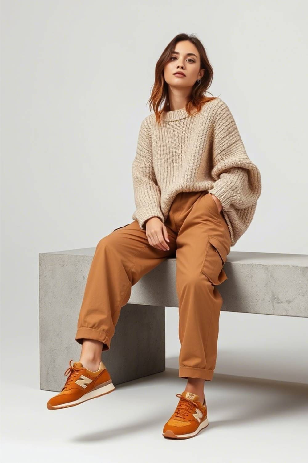 Woman wearing cream oversized chunky knit sweater with camel wide-leg trousers and coordinating orange New Balance sneakers, seated on concrete bench in minimalist setting.