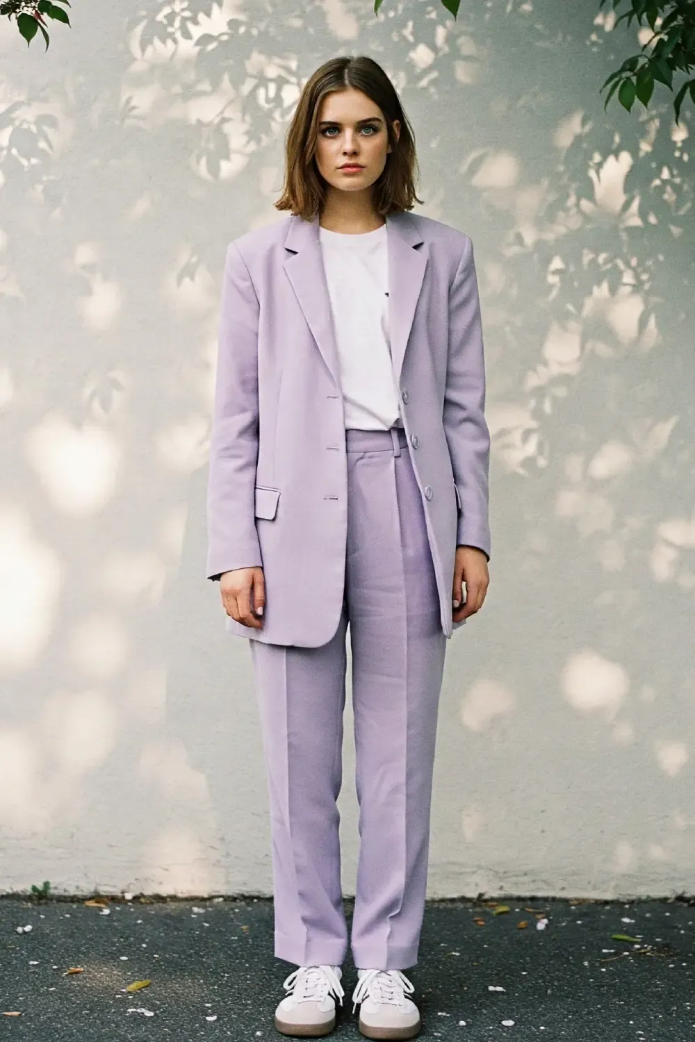 Woman in classic beige trench coat paired with blue straight-leg jeans and white Adidas Samba OG sneakers against a backdrop of cherry blossoms, perfect for spring transition.