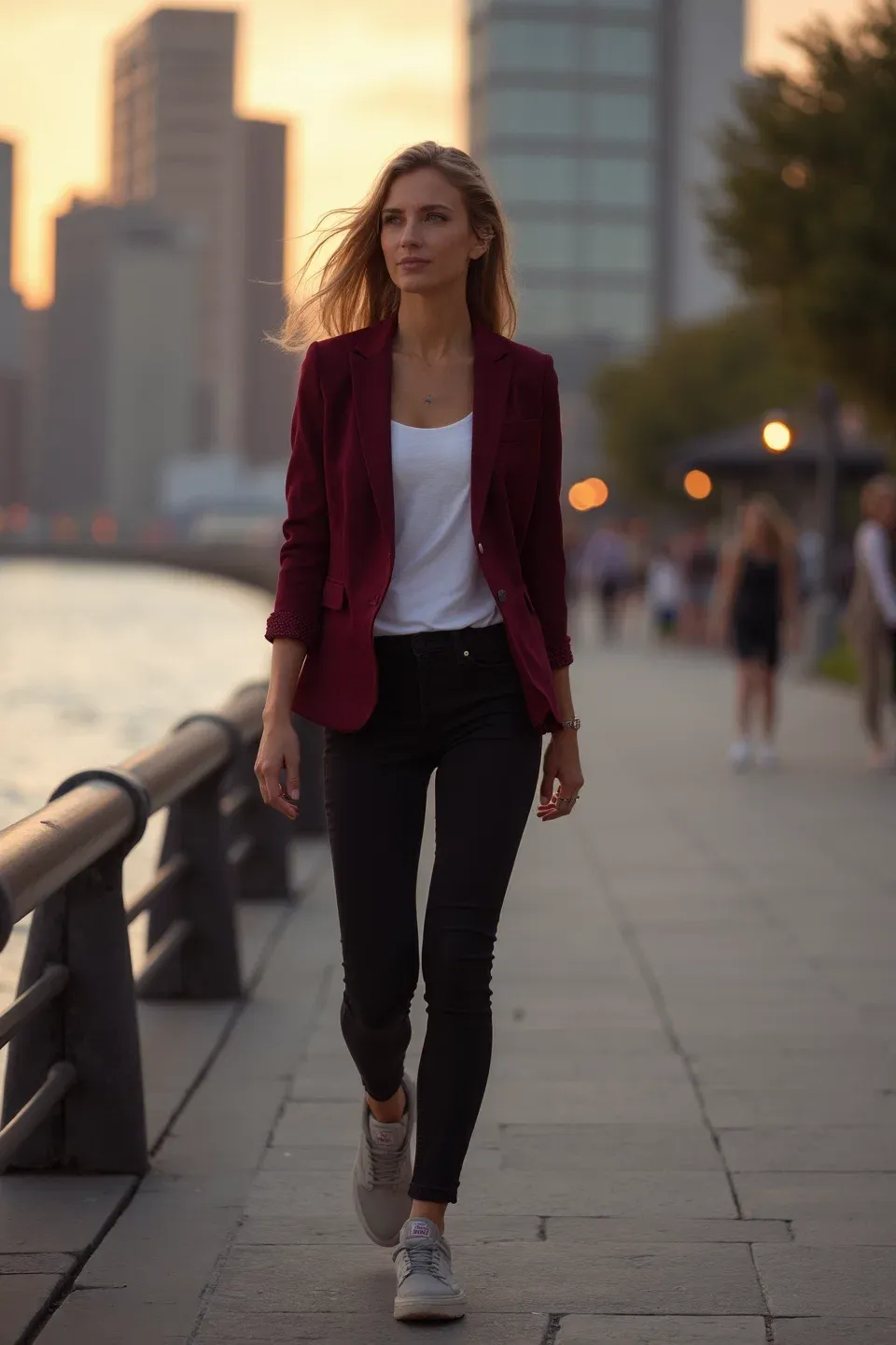 Woman in a burgundy blazer with white tank top and black skinny jeans, paired with gray New Balance sneakers. Urban setting at sunset with city buildings in the background, walking along waterfront path.
