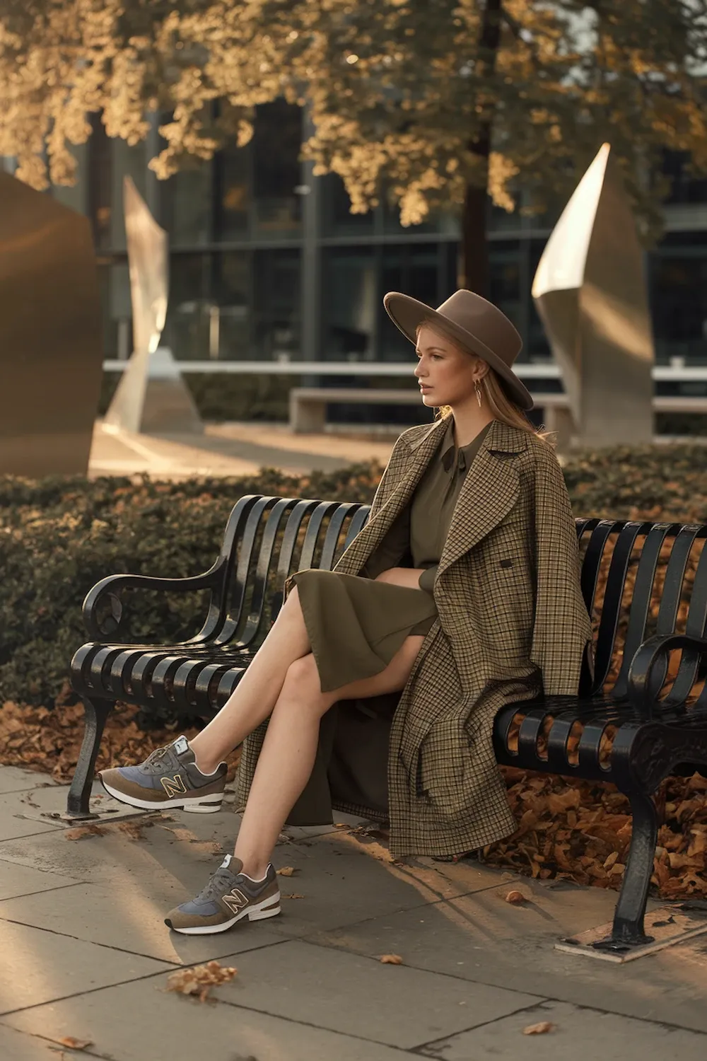Model wearing tan checkered trench coat with olive dress and brown New Balance 574 sneakers in autumn park setting with fallen leaves, showcasing seasonal smart-casual styling with wide-brim hat accessory.