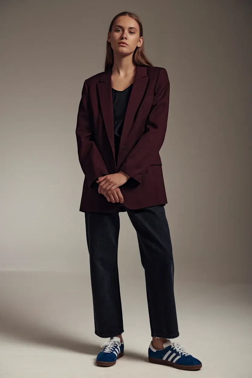 Woman in studio wearing burgundy oversized blazer, black top, dark wash straight-leg jeans, and navy blue Adidas Samba sneakers, highlighting rich color contrast