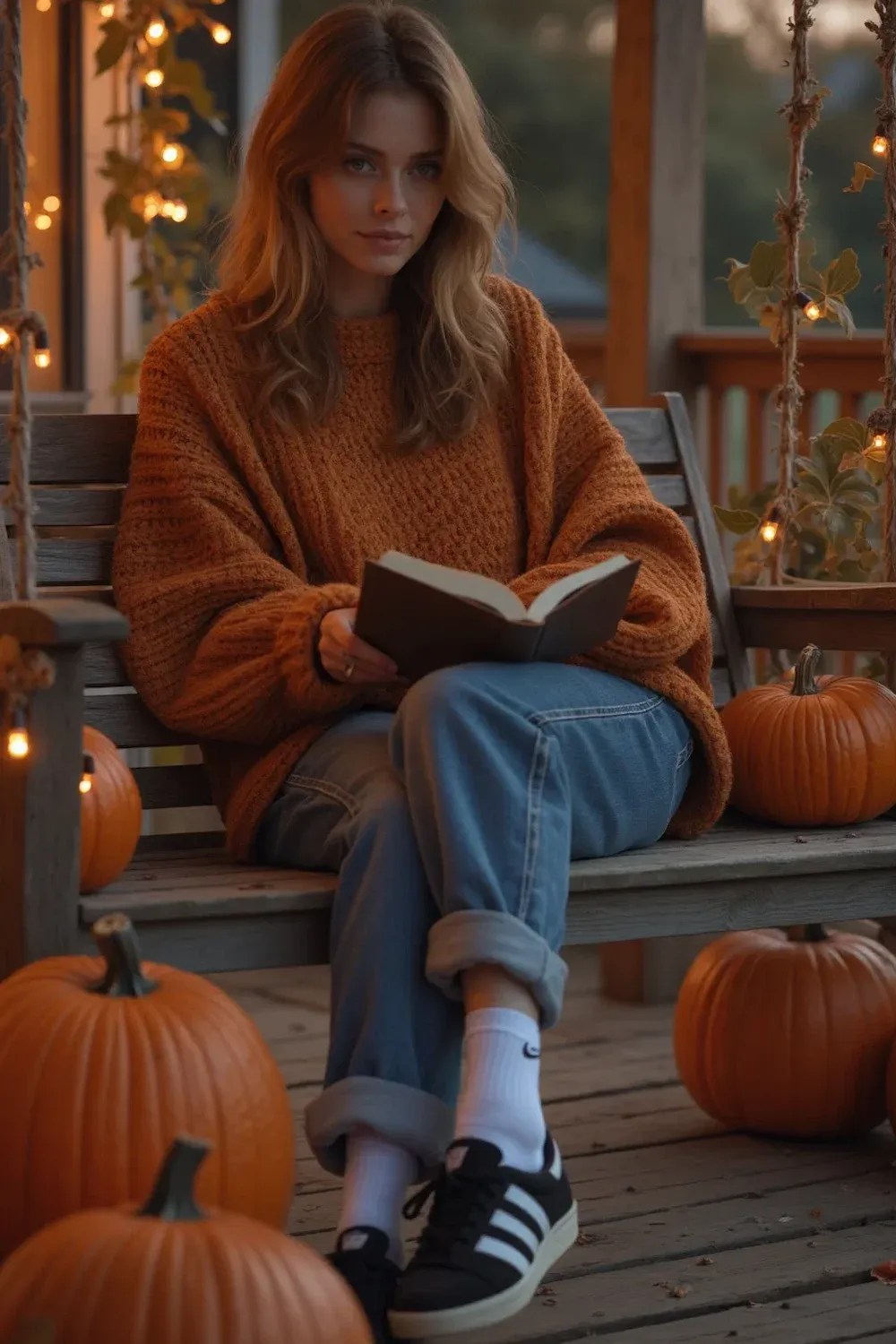Woman in rust orange oversized sweater reading book on wooden porch, surrounded by autumn pumpkins and string lights, casual fall styling with Adidas sneakers
