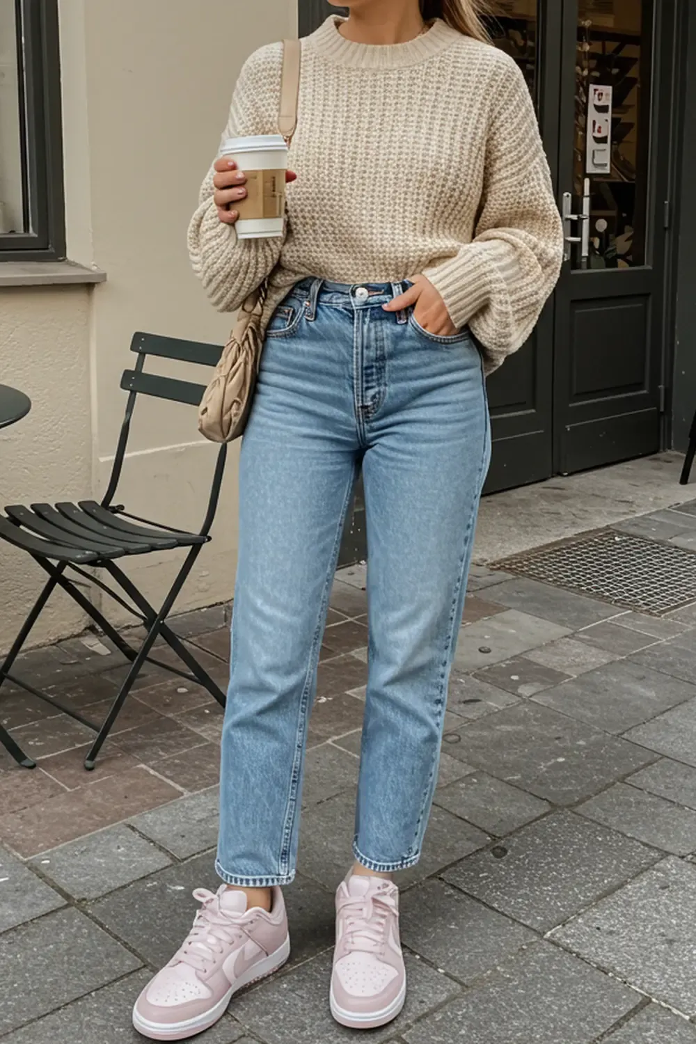 Model in a casual spring outfit: light-wash mom jeans, a cream sweater, and dusty-rose Nike Dunk Lows, perfect for a coffee run.