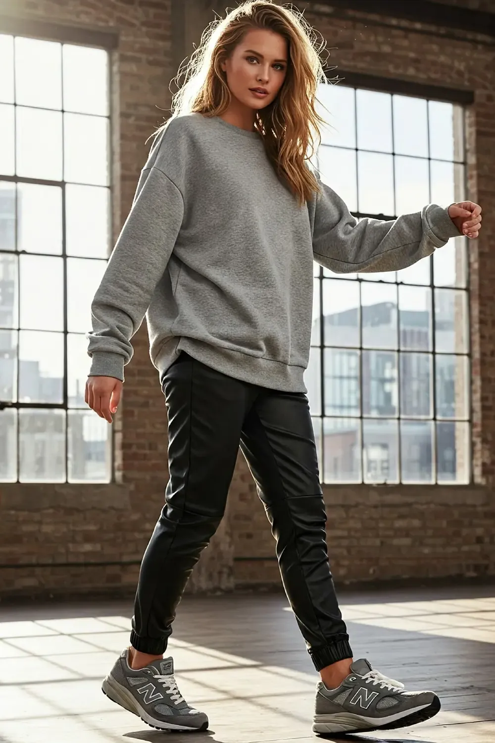 Woman wearing New Balance 990v6 grey sneakers with an oversized grey sweatshirt and black leather joggers in an industrial loft space with large windows