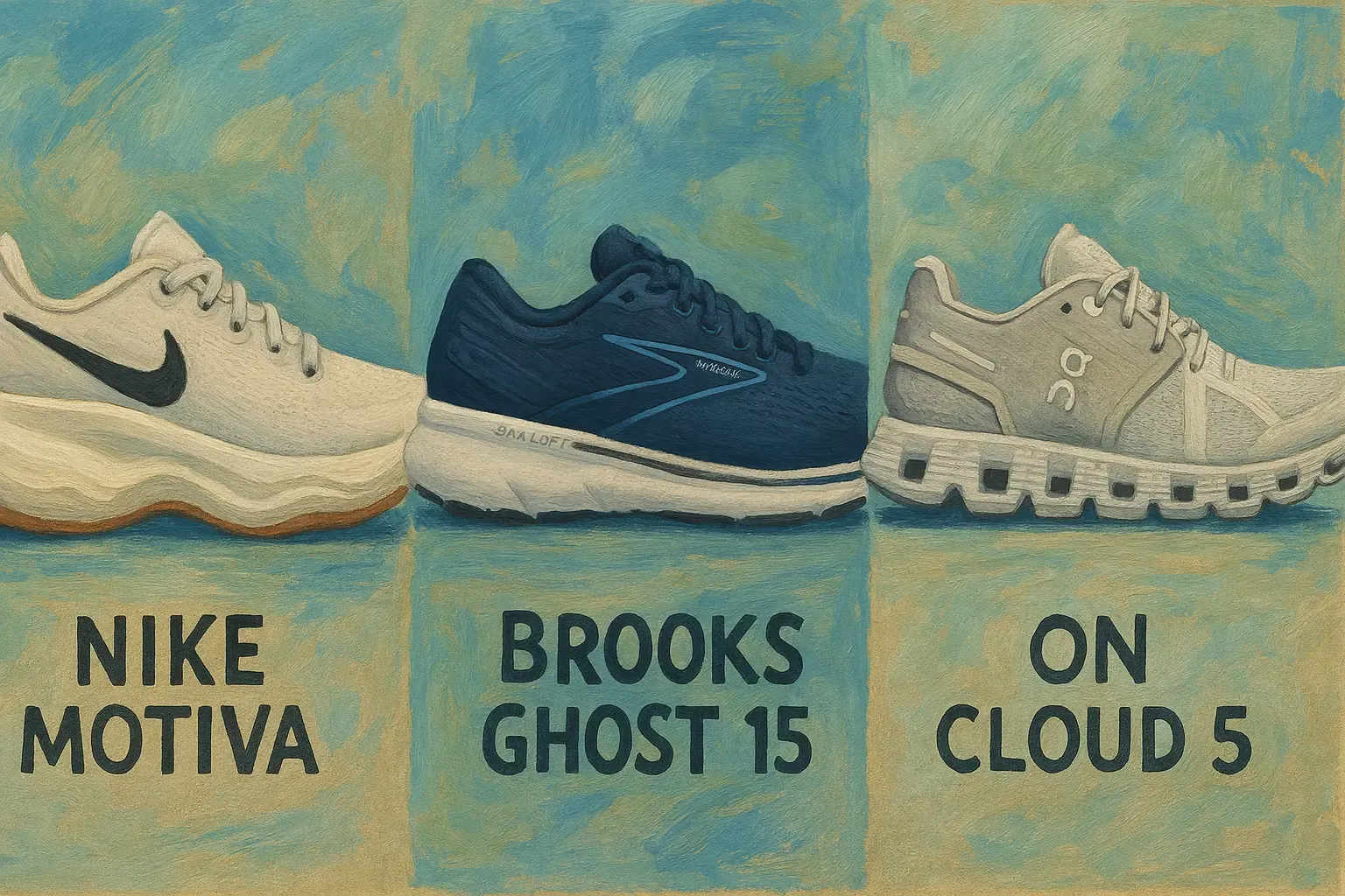 Side-by-side comparison of Nike Motiva, Brooks Ghost 15, and On Cloud 5 sneakers, showing different sole designs and cushioning approaches popular among nurses